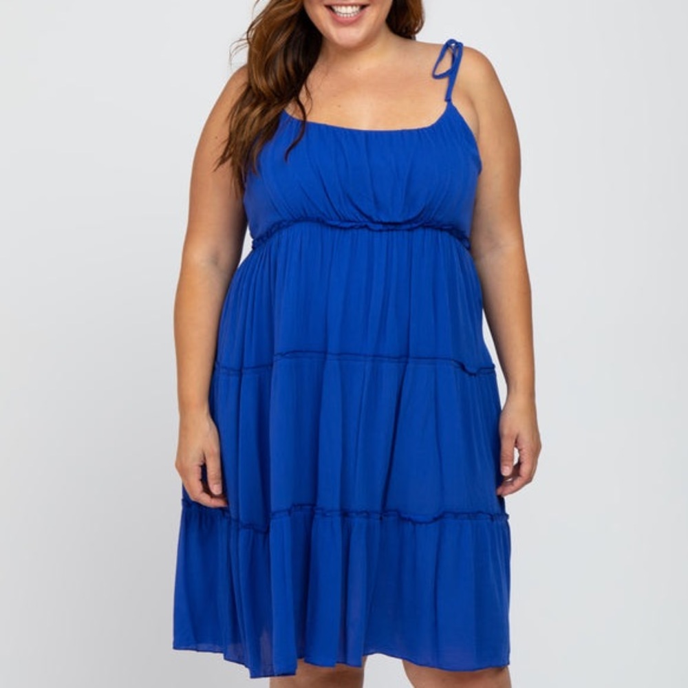 Royal Blue Tiered Shoulder Tie Maternity Plus Dress, 1X